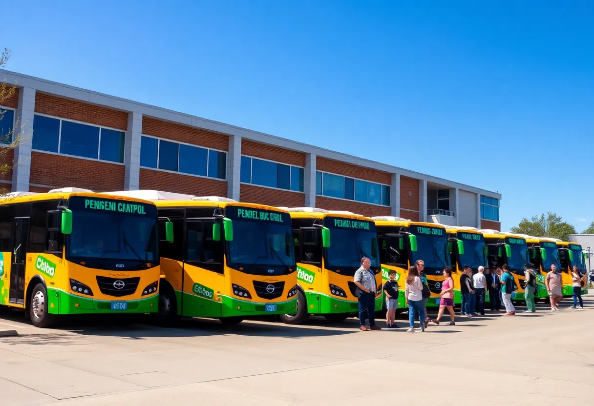 Colorful electric school buses in front of a school building