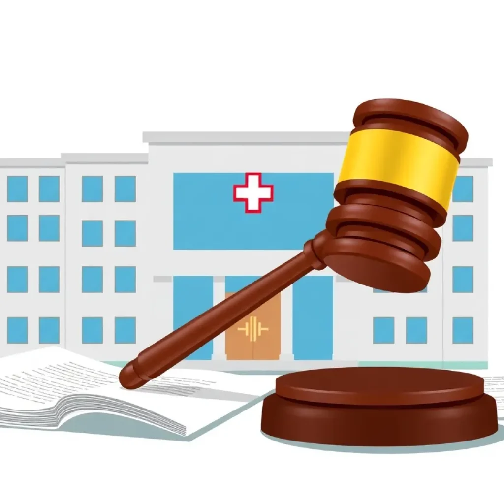Illustration depicting a hospital with a gavel and legal documents.