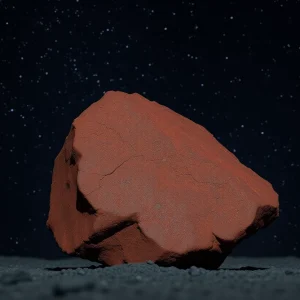 NWA 16788, the largest known Mars meteorite, showcased against a starry sky.