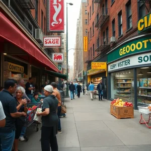 A bustling New York City bodega with customers shopping.