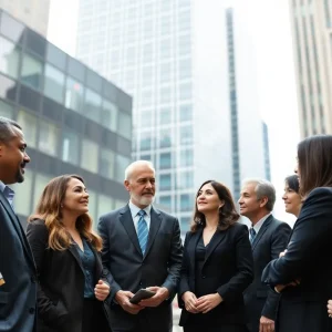Diverse business leaders discussing in a modern New York City setting.