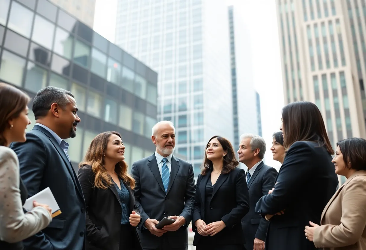 Diverse business leaders discussing in a modern New York City setting.