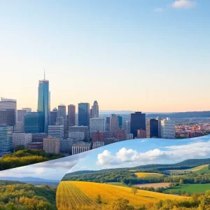 A skyline representing New York City contrasted with a peaceful landscape of Pennsylvania