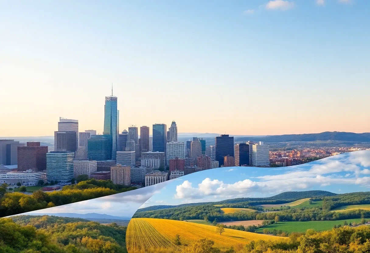 A skyline representing New York City contrasted with a peaceful landscape of Pennsylvania
