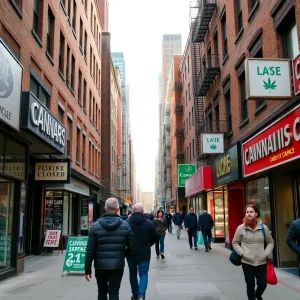 Scene of cannabis dispensaries in New York City, some closed with signs.