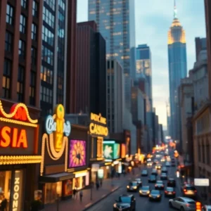 Illustration of New York City skyline featuring a conceptual casino