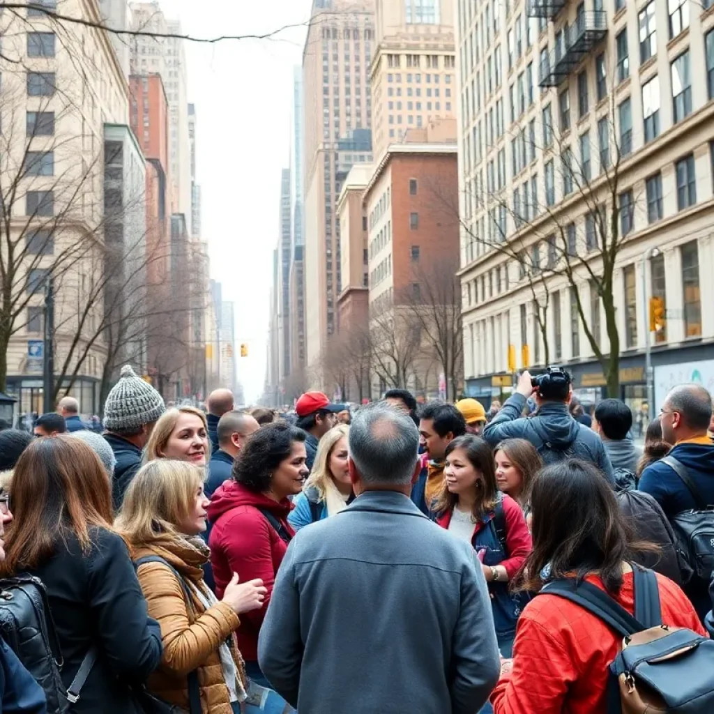 A diverse gathering of people in a New York City park discussing economic equality.