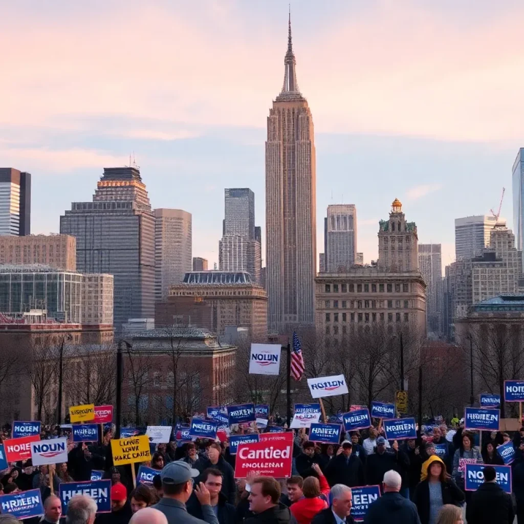 New York City skyline with election campaign signs