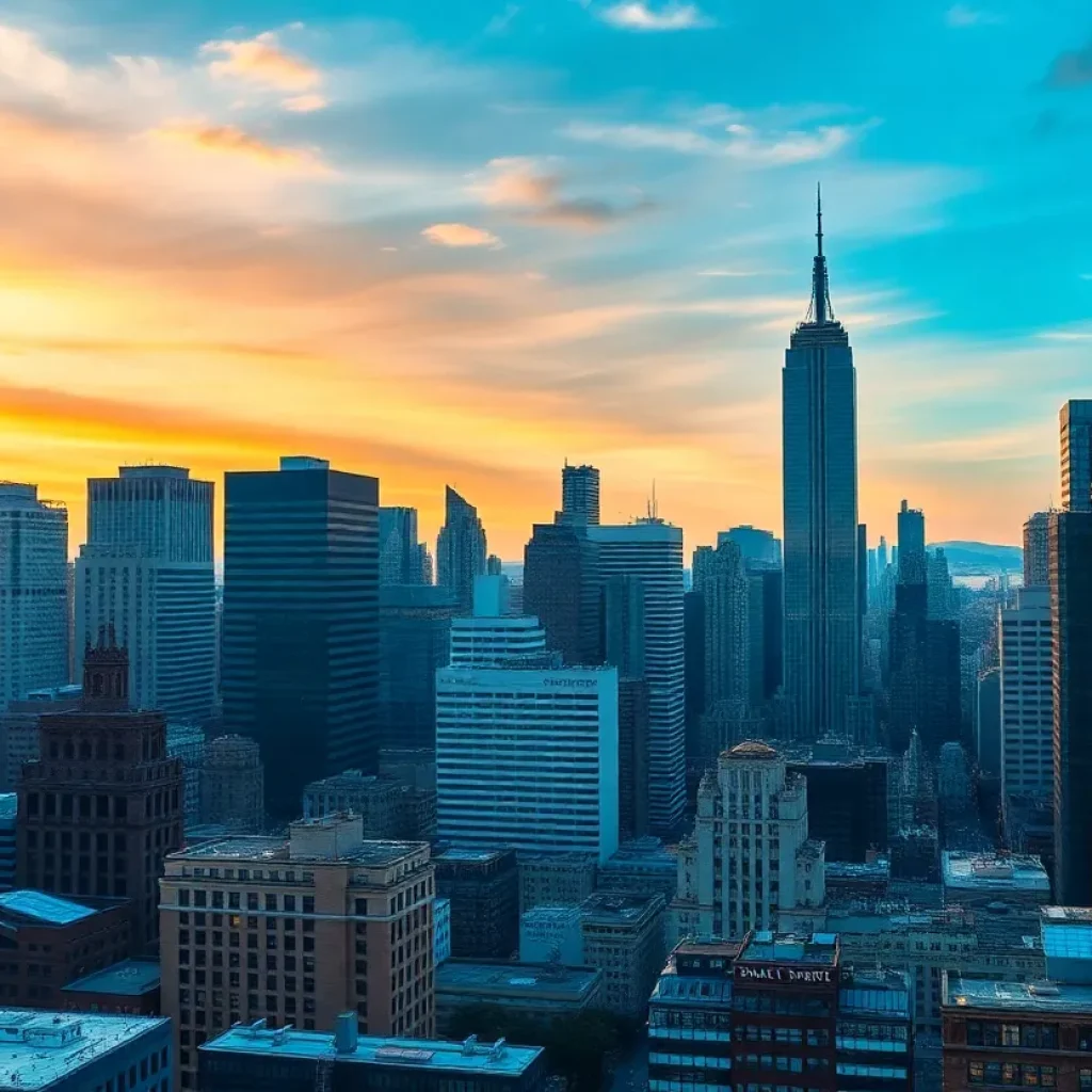 View of New York City skyline representing finance and healthcare sectors.