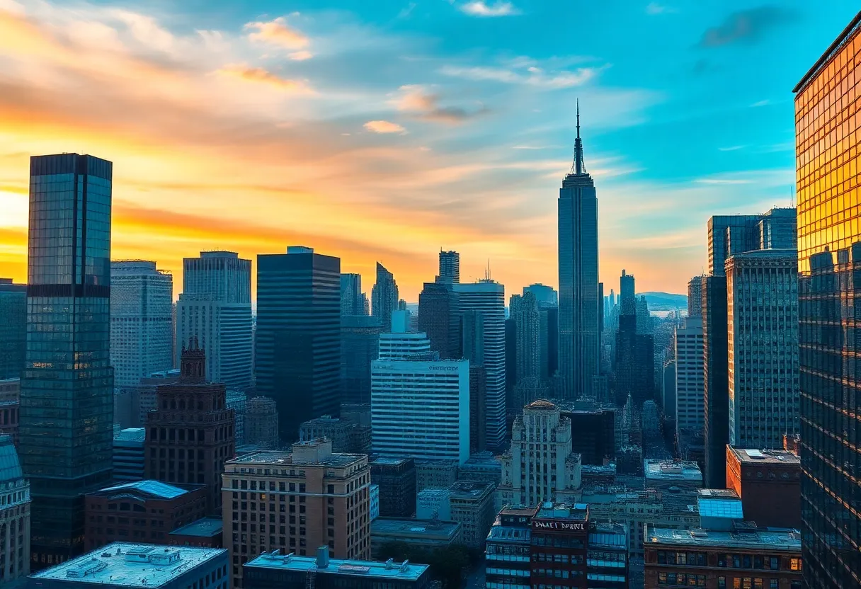 View of New York City skyline representing finance and healthcare sectors.