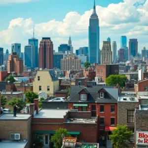 Illustration of a New York City neighborhood with grocery store signage.