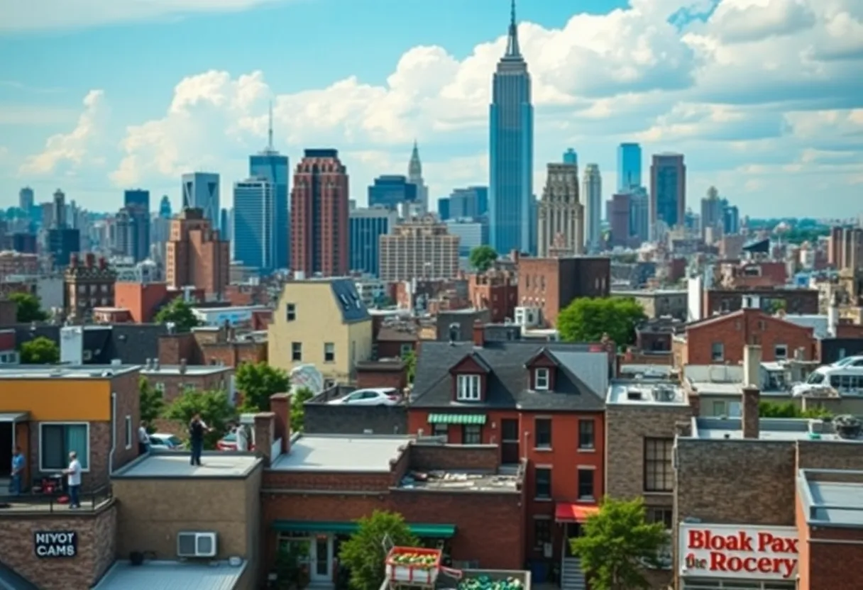 Illustration of a New York City neighborhood with grocery store signage.