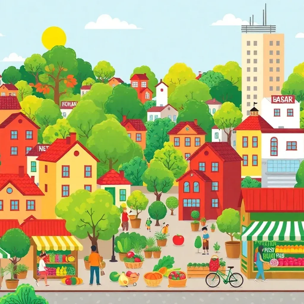 Illustration of city-owned grocery stores in a vibrant New York City setting