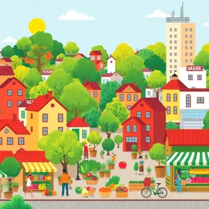 Illustration of city-owned grocery stores in a vibrant New York City setting