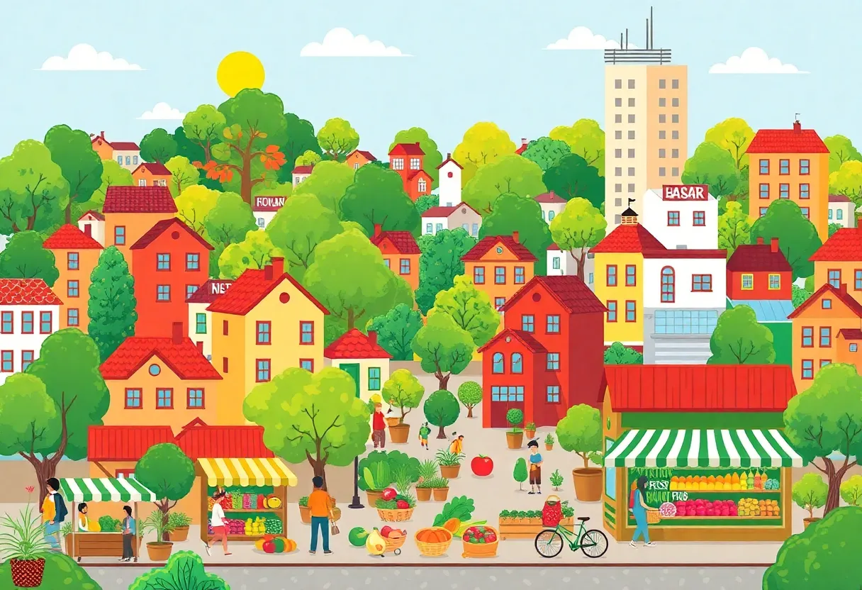 Illustration of city-owned grocery stores in a vibrant New York City setting