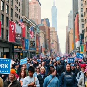A bustling campaign scene in New York City showcasing diverse crowds and urban life.