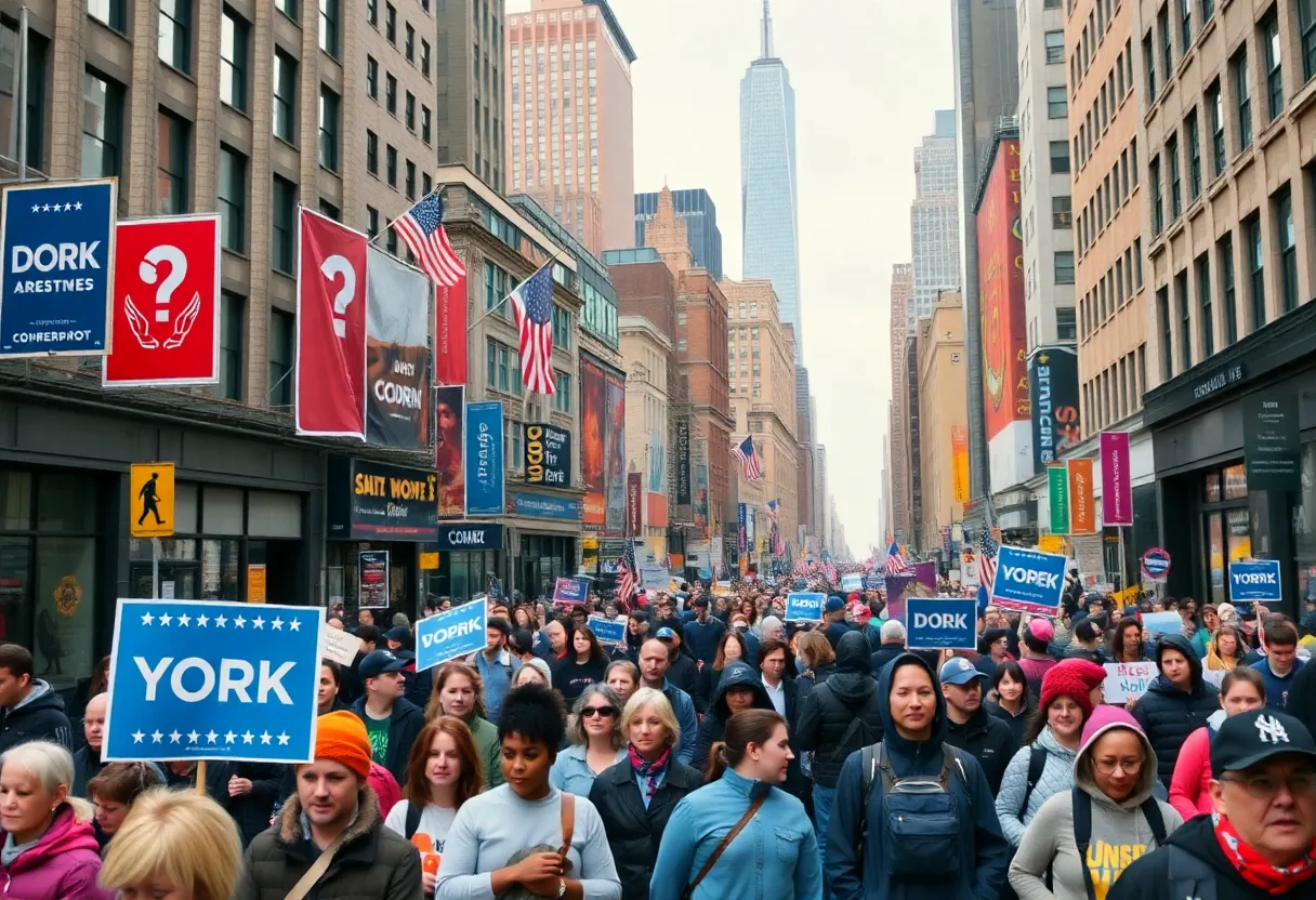 A bustling campaign scene in New York City showcasing diverse crowds and urban life.