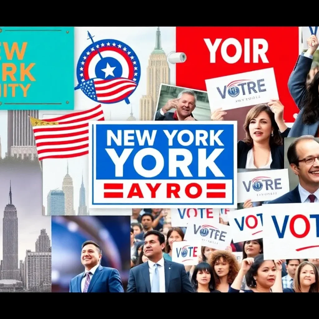 An illustration of New York City highlighting political campaign themes.