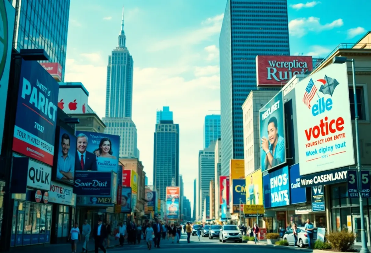 An illustration of New York City highlighting political campaign themes.