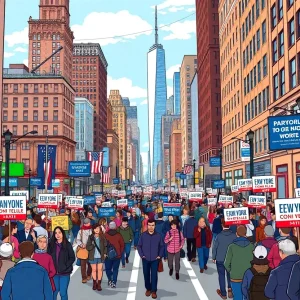 Illustration of New York City mayoral race supporters and campaign signs