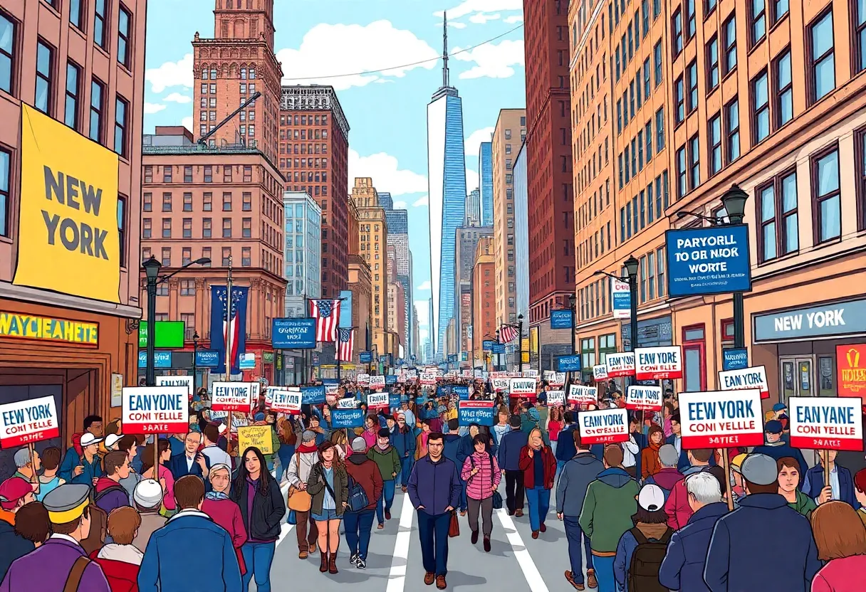 Illustration of New York City mayoral race supporters and campaign signs