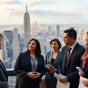 Diverse business leaders in New York City discussing election strategies