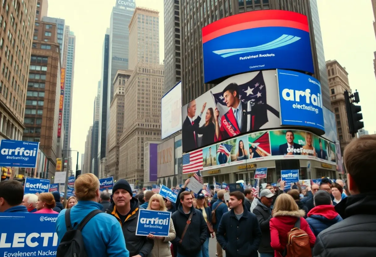 Campaign scene in New York City with citizens discussing election issues