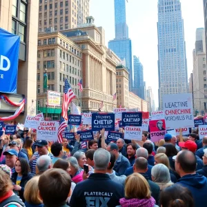 Crowd at a political rally supporting a New York City mayoral candidate.
