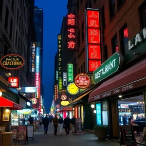 A busy street in New York City filled with restaurants and dining options at night.