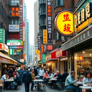 A vibrant street scene of restaurants in New York City