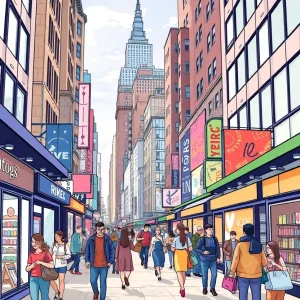 A vibrant New York City retail landscape filled with various shops and shoppers.