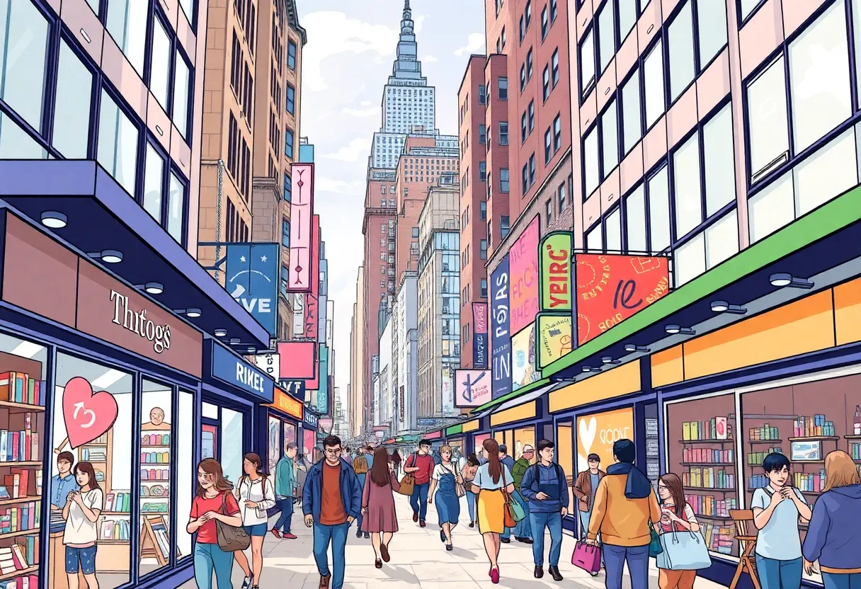 A vibrant New York City retail landscape filled with various shops and shoppers.
