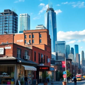 New York City skyline highlighting small businesses and community interactions
