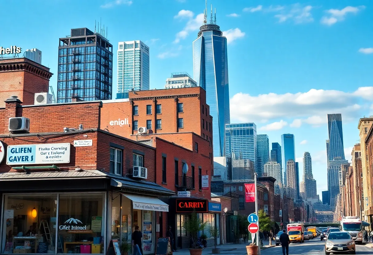 New York City skyline highlighting small businesses and community interactions