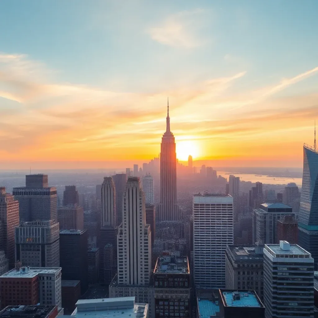 Sunset view of New York City skyline showcasing real estate developments.