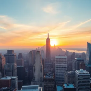 Sunset view of New York City skyline showcasing real estate developments.