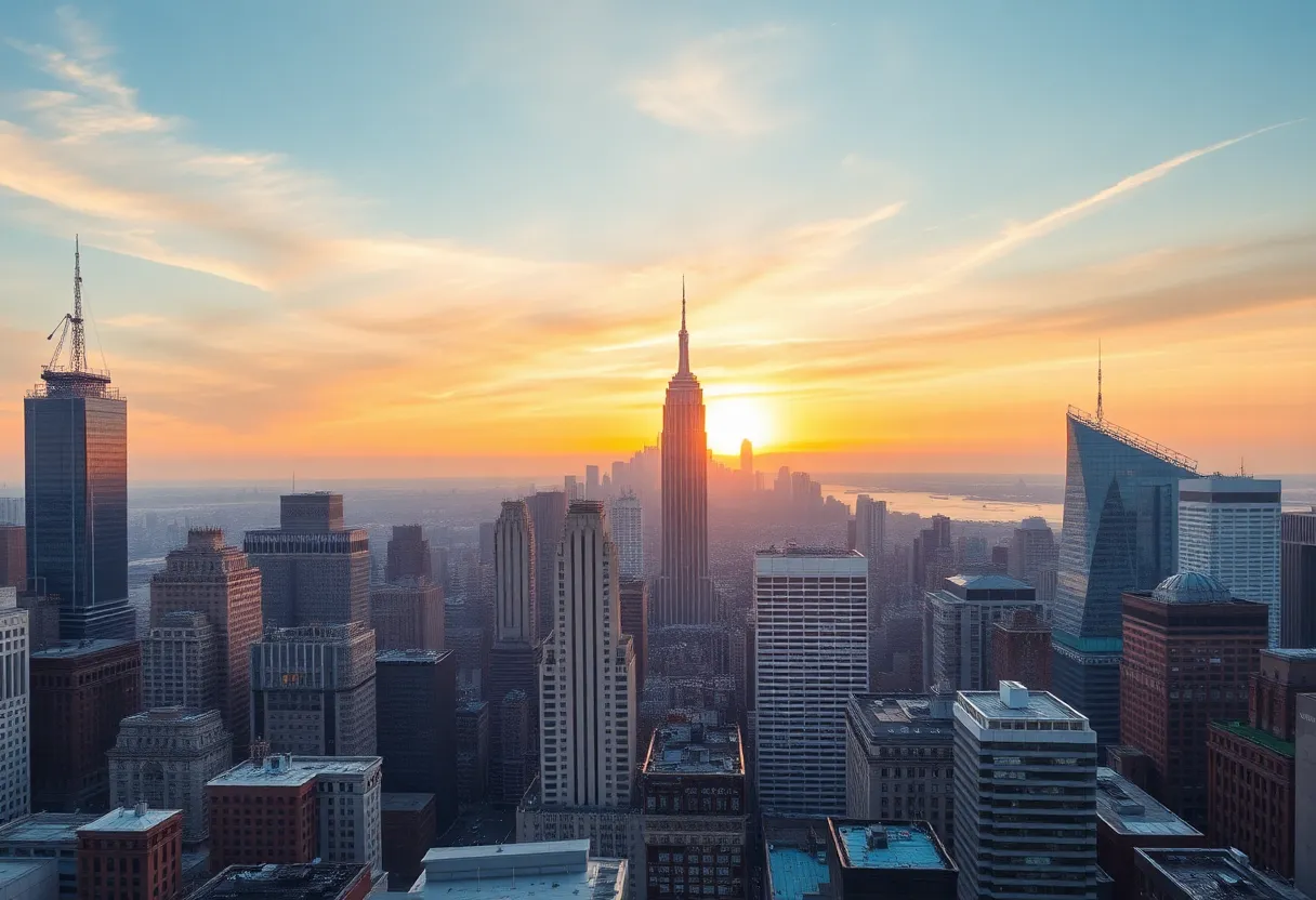 Sunset view of New York City skyline showcasing real estate developments.