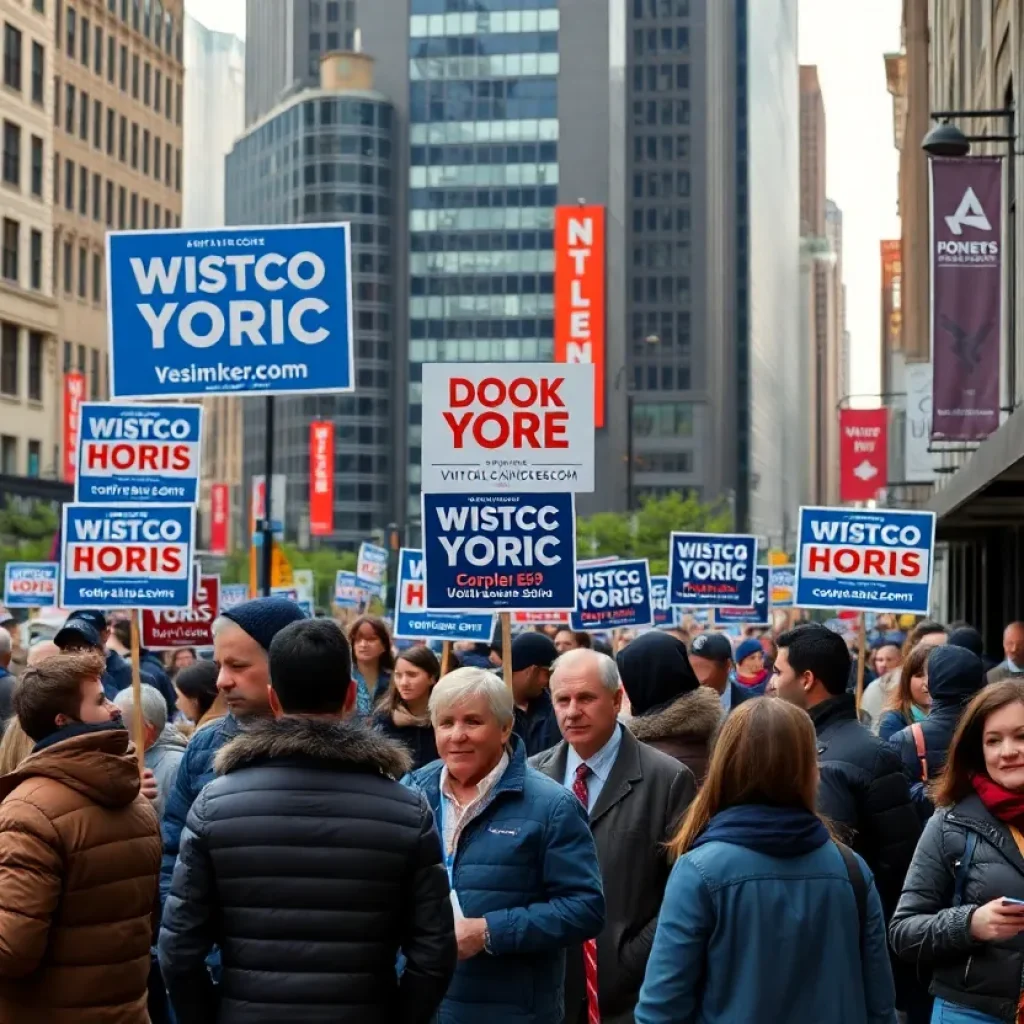 Campaign signs in New York City with people discussing politics