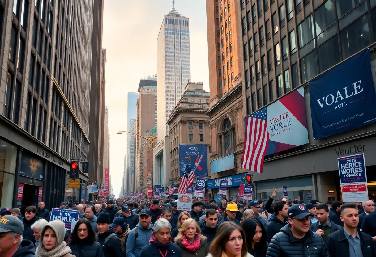 A crowded New York City street with political campaign visuals.