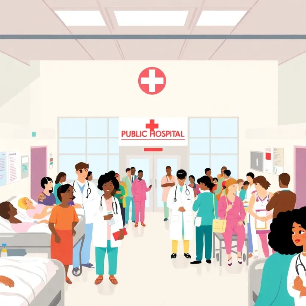 A busy public hospital in New York City with diverse patients and healthcare workers