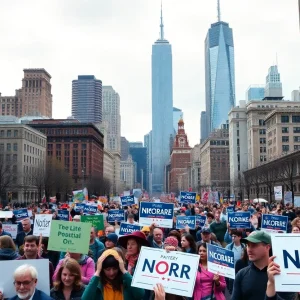 Crowd engaging in NYC with political campaign signs
