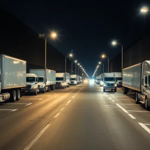 Designated overnight truck parking in an industrial zone of New York City at night.