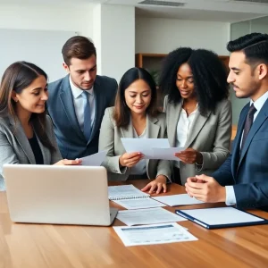 Team of legal professionals collaborating in an office setting