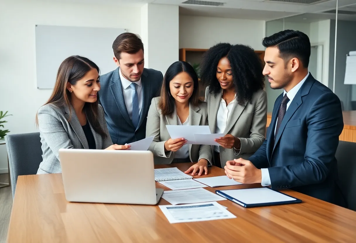 Team of legal professionals collaborating in an office setting