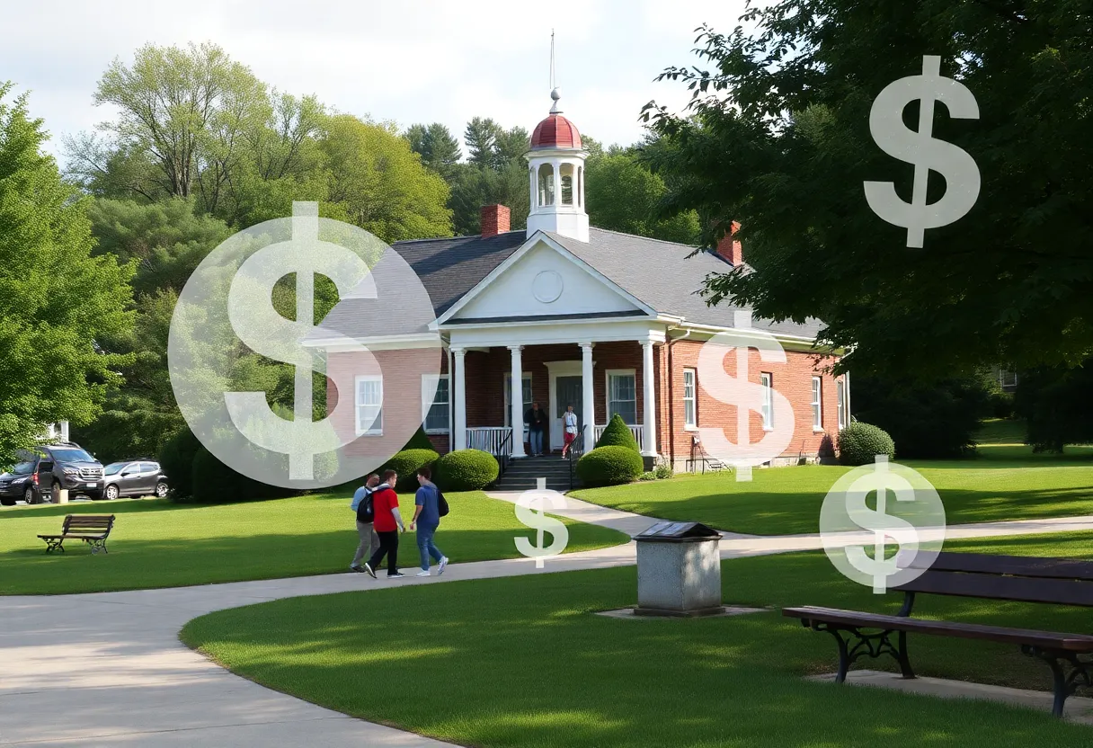 Students in a Pennsylvania school park with financial symbols in the background.