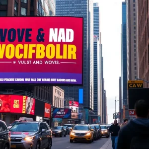Digital billboard in Times Square promoting relocation from New York City