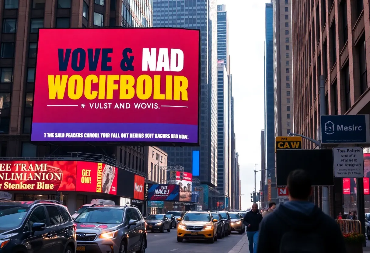 Digital billboard in Times Square promoting relocation from New York City