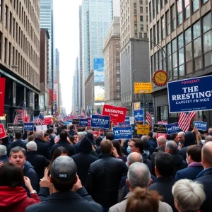A busy New York City street filled with campaign signs and crowds reflecting political activity.