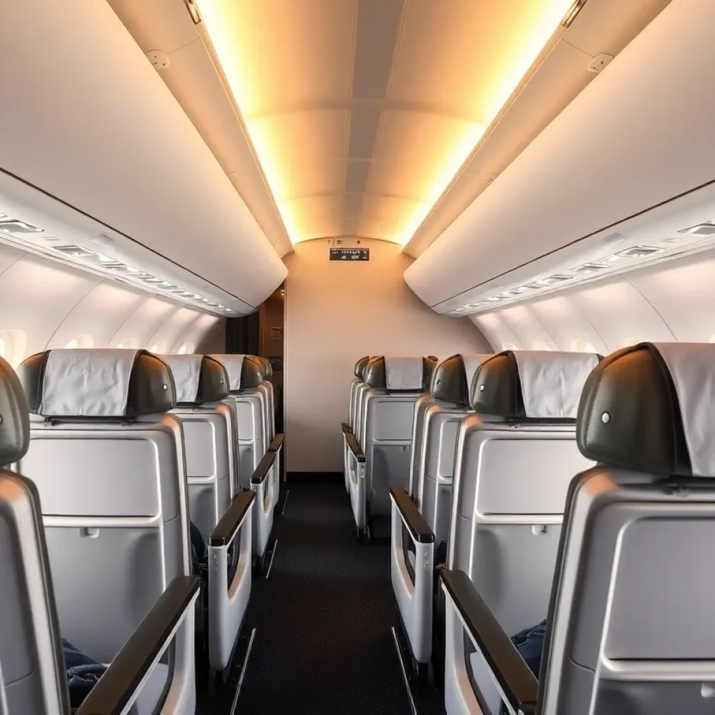 Premium Economy seating area in an aircraft with comfortable seats and dining.