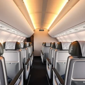 Premium Economy seating area in an aircraft with comfortable seats and dining.